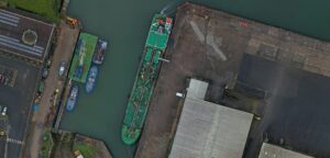 Birds eye view from drone looking down on ships