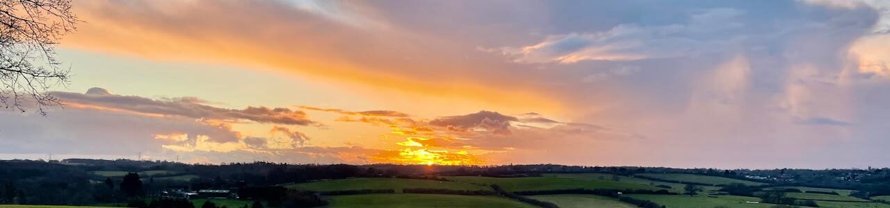 Sunset over rolling green countryside fields with patchy clouds and a tree silhouette in the foreground